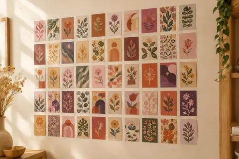 Collage mural de 50 petites affiches florales et végétales au format 10 × 15 cm, dans une ambiance pastel rétro.