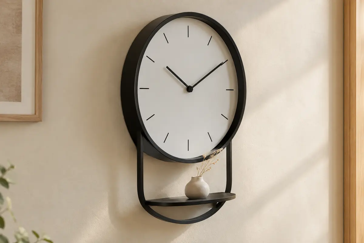 Horloge murale noir et blanc avec tablette intégrée, cadran en MDF et cadre métallique
