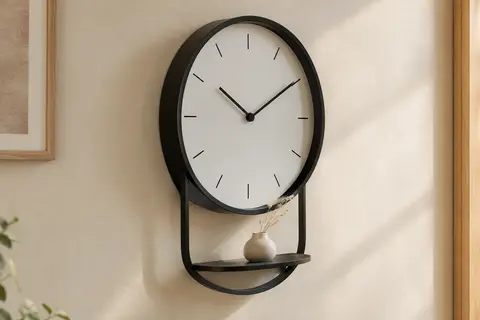 Horloge murale noir et blanc avec tablette intégrée, cadran en MDF et cadre métallique