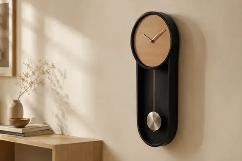 Horloge murale noire en bois d’ingénierie, avec aiguilles métalliques et pendule oscillant.