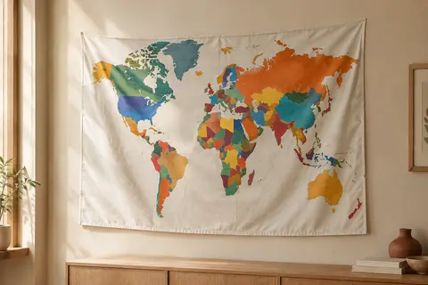 Tenture murale en polyester représentant une carte du monde colorée, suspendue sur un mur crème