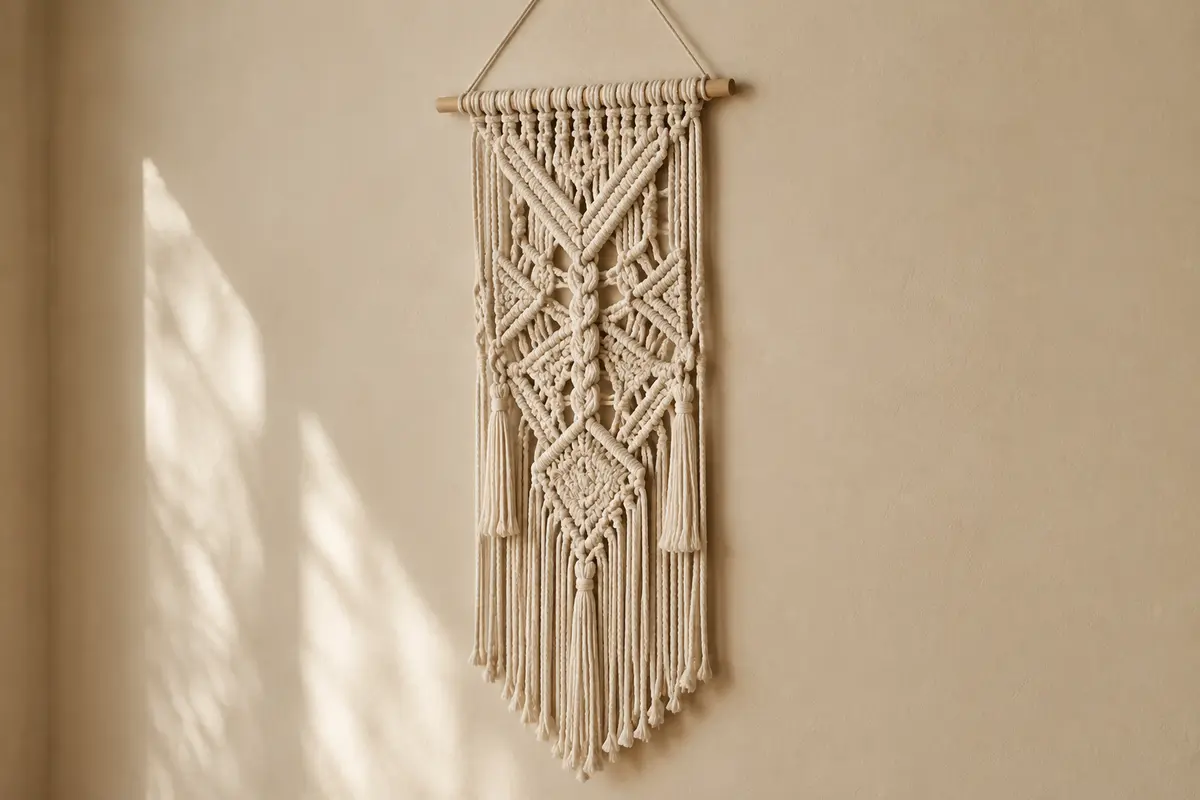 Tenture murale verticale en macramé de coton à franges, suspendue à une cheville en bois sur un mur crème.