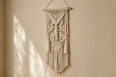 Tenture murale verticale en macramé de coton à franges, suspendue à une cheville en bois sur un mur crème.