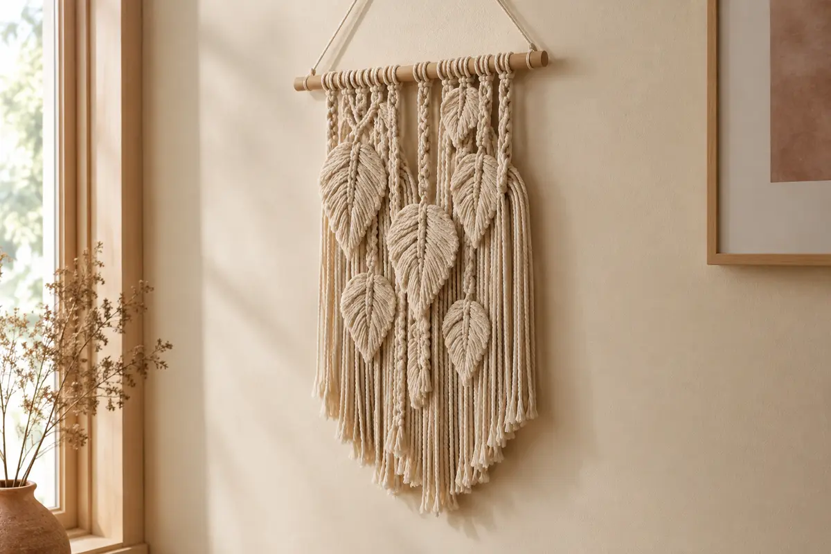 Tenture murale en coton à motif de feuilles, avec franges et support en bois clair sur un mur crème.