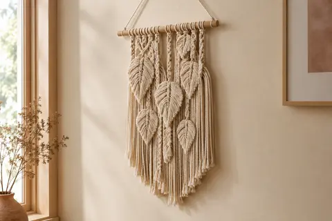 Tenture murale en coton à motif de feuilles, avec franges et support en bois clair sur un mur crème.
