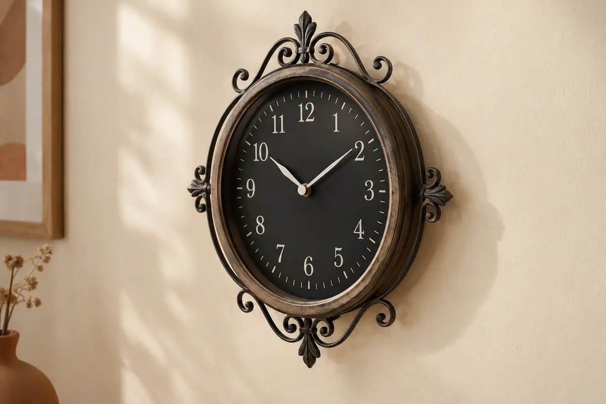 Horloge murale ronde à cadran noir et chiffres blancs, avec contour métallique, sur un mur crème.