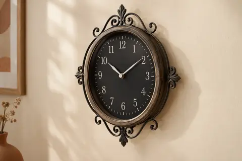 Horloge murale ronde à cadran noir et chiffres blancs, avec contour métallique, sur un mur crème.