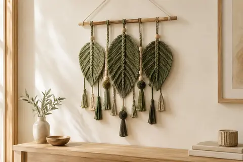 Tenture murale en macramé vert et kaki, à motif de feuilles tressées et franges sur support en bois
