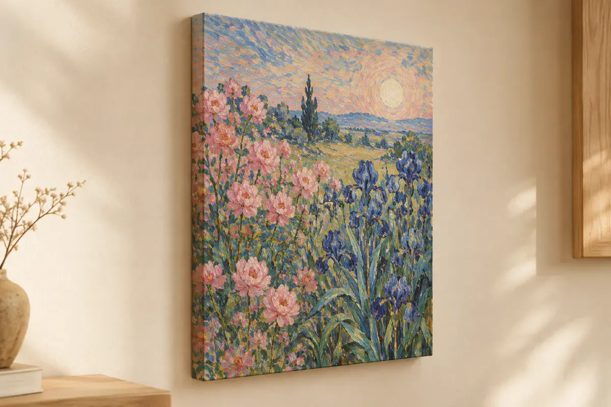 Toile décorative verticale inspirée de Van Gogh, au motif floral rose et bleu, accrochée sur un mur crème.