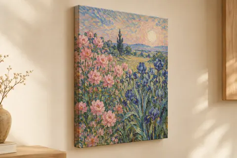 Toile décorative verticale inspirée de Van Gogh, au motif floral rose et bleu, accrochée sur un mur crème.