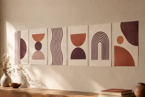 Six affiches graphiques au format portrait présentées côte à côte sur un mur crème, sans cadre.