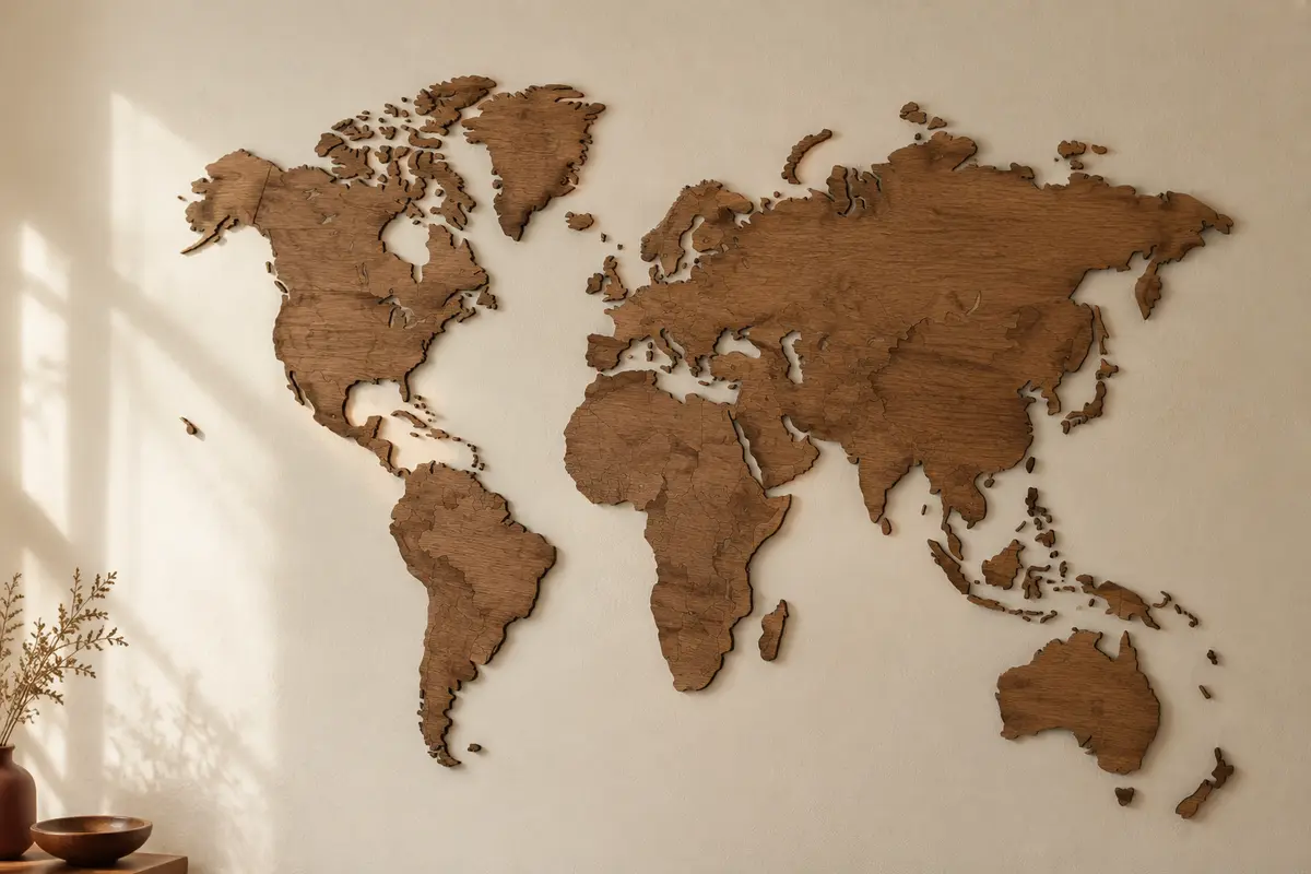 Carte du monde en bois brun café en relief, posée sur un mur crème avec des ombres douces.
