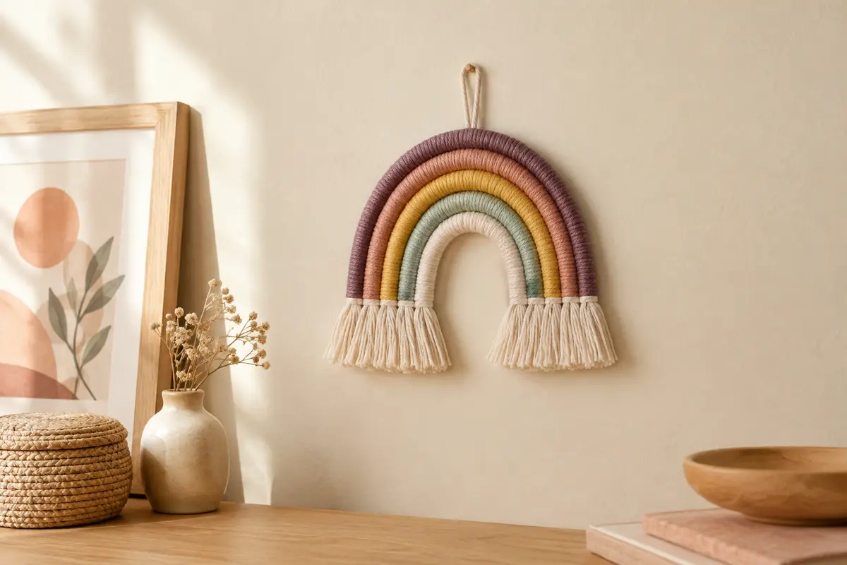 Tenture murale arc-en-ciel tissée en coton, présentée sur un mur crème dans une chambre d’enfant.