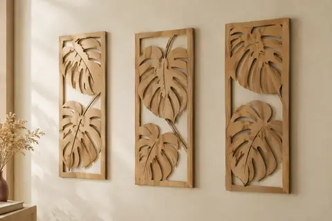 Trois panneaux muraux en bois ajouré, ornés de feuilles de monstera, sur un mur crème.