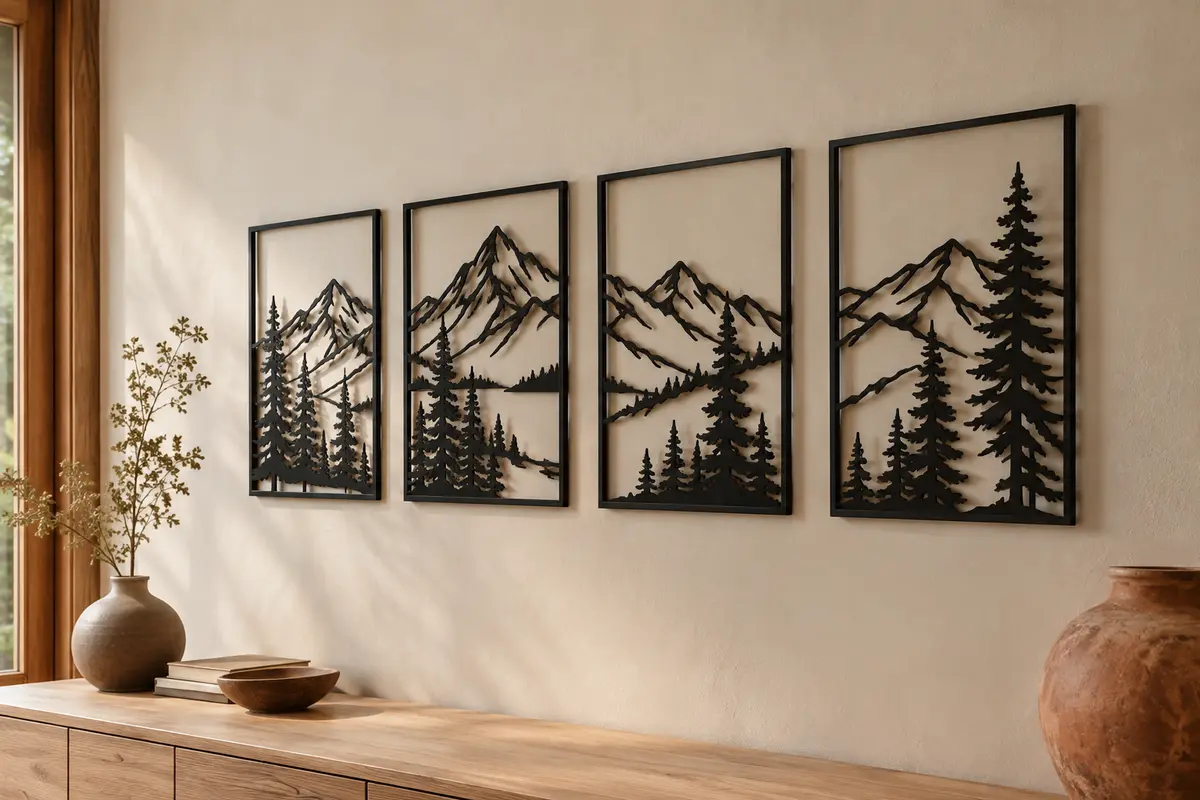 Quatre sculptures murales en métal noir représentant des montagnes et des pins sur un mur crème