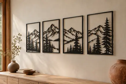 Quatre sculptures murales en métal noir représentant des montagnes et des pins sur un mur crème