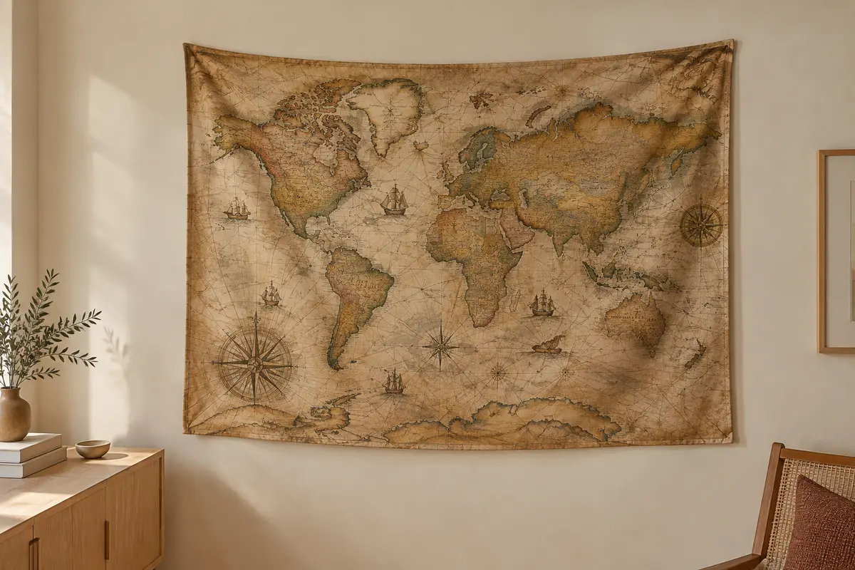 Tenture murale légère représentant une ancienne mappemonde nautique aux tons de papier jauni.