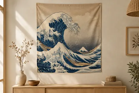 Tenture murale japonaise représentant La Grande Vague de Kanagawa sur un mur crème