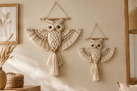 Deux chouettes en macramé de coton naturel suspendues sur un mur crème dans un intérieur bohème.