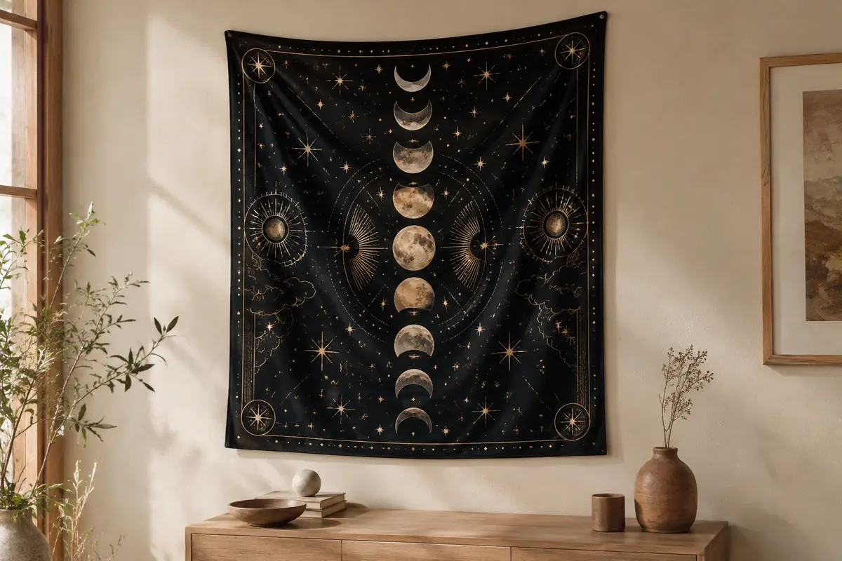 Tenture murale noire à motifs de phases lunaires et d’étoiles suspendue sur un mur crème.