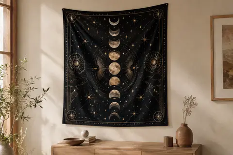 Tenture murale noire à motifs de phases lunaires et d’étoiles suspendue sur un mur crème.