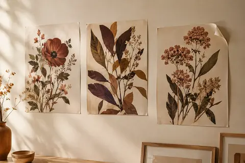 Trois affiches florales en papier mat, présentées en format portrait sur un mur crème.