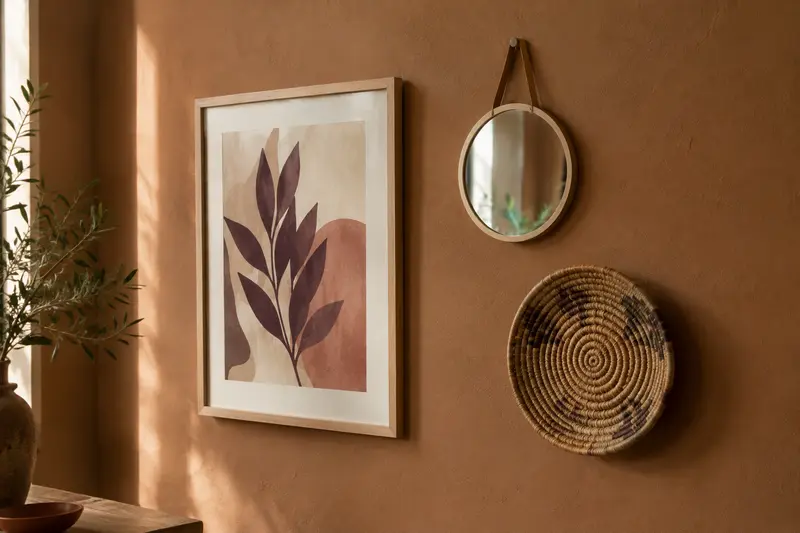 Détails de matières et de formats sur un mur décoré avec tableau, miroir et objet mural