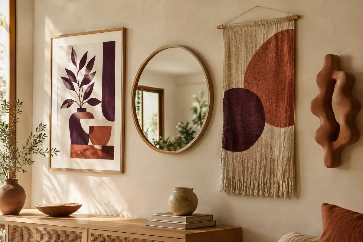 Affiche encadrée, miroir et textile mural réunis sur un mur dans une composition équilibrée